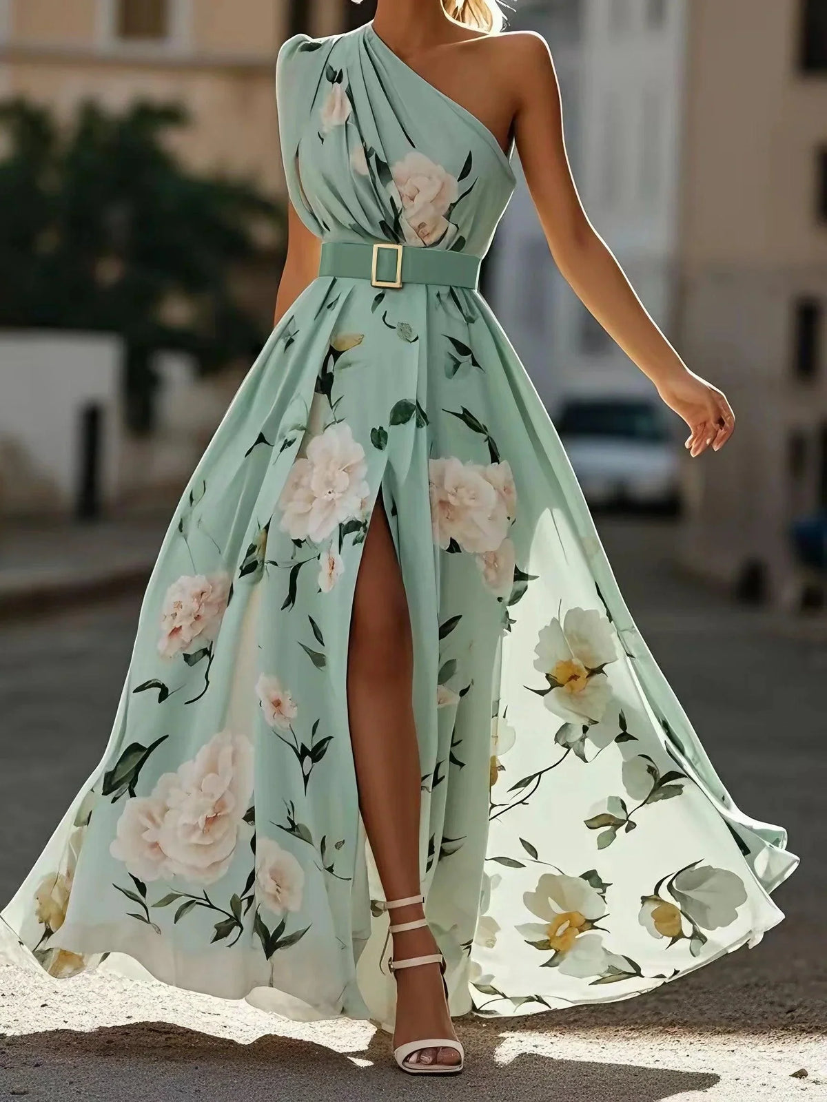 Light Green Floral Ruched One Shoulder A-Line Maxi Chiffon Dress | The Bellemont Sisters Australia