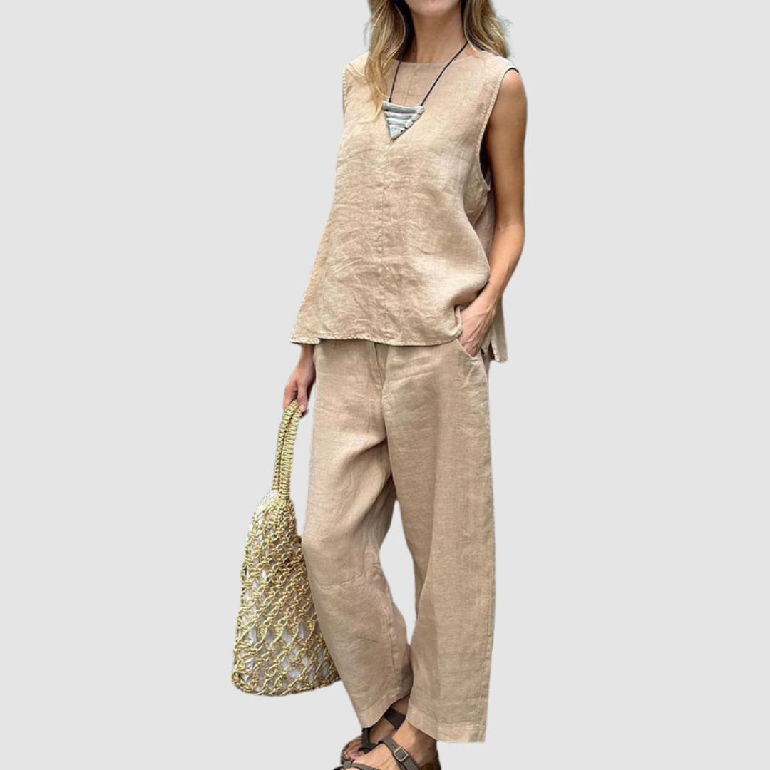 Suzette™ Lightweight Two-Piece Summer Set – Beige | The Bellemont Sisters Australia