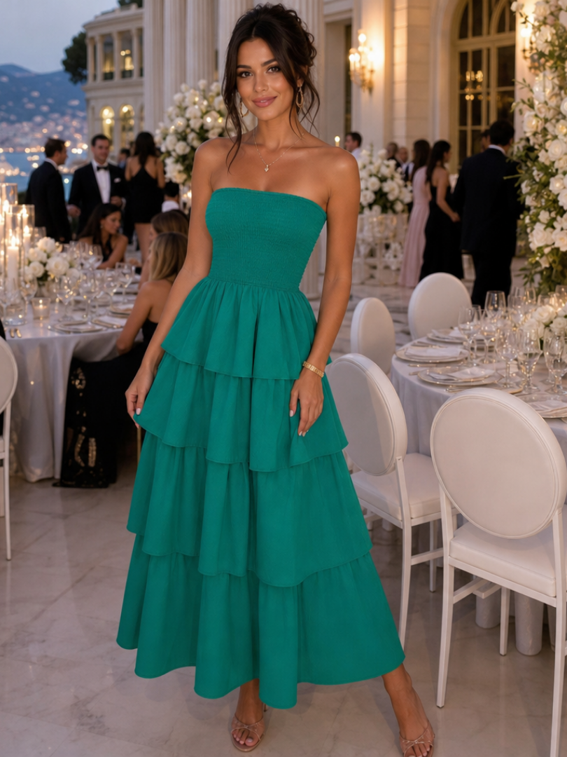 Gemma | Strapless Smocked Bodice Midi Dress – Green | The Bellemont Sisters Australia