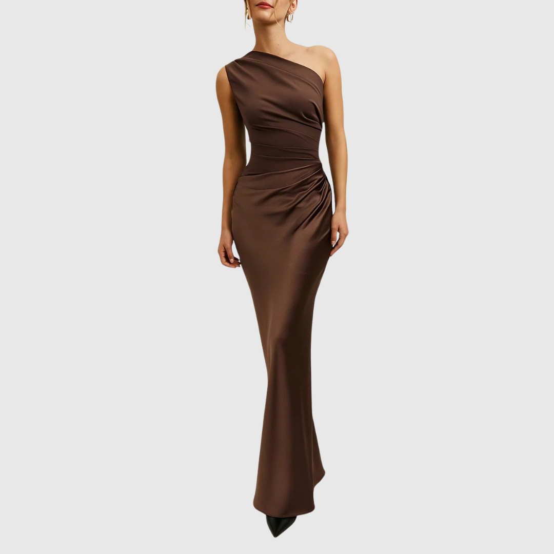 Elara | Satin Asymmetric Evening Gown – Brown | The Bellemont Sisters Australia