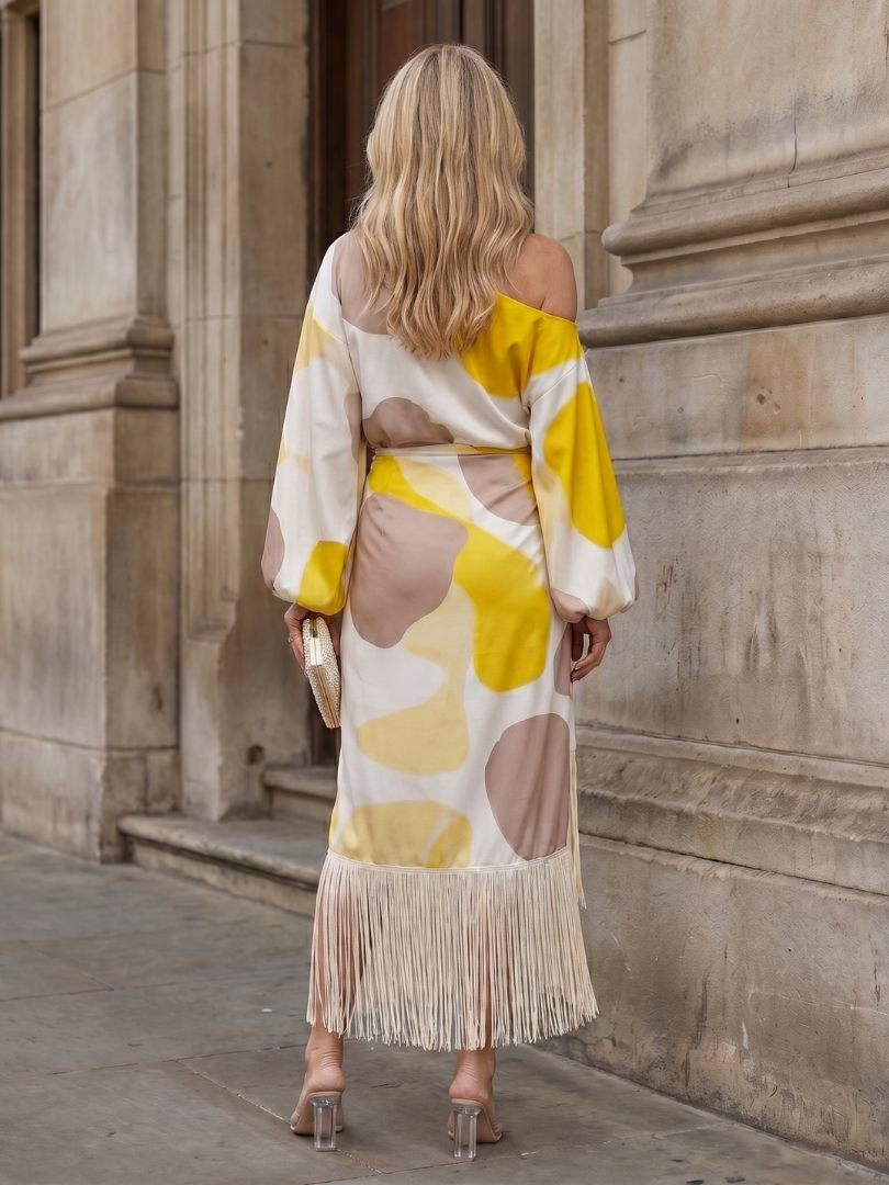 Koda | Abstract Print Fringe Hem Midi Dress | The Bellemont Sisters Australia