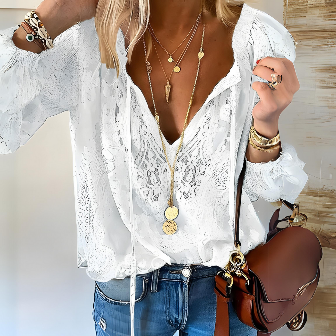Maria | Women Elegant Boho V Neck Blouse – White | The Bellemont Sisters Australia