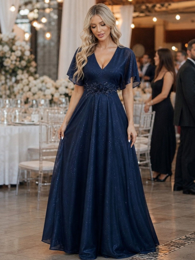 Orelia | Short Sleeve V Neck Flowing Maxi Dress – Navy | The Bellemont Sisters Australia