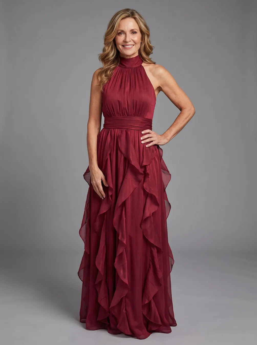 Orea™ High Neck Gathered Ruffle Layers Maxi Dress – Red | The Bellemont Sisters Australia