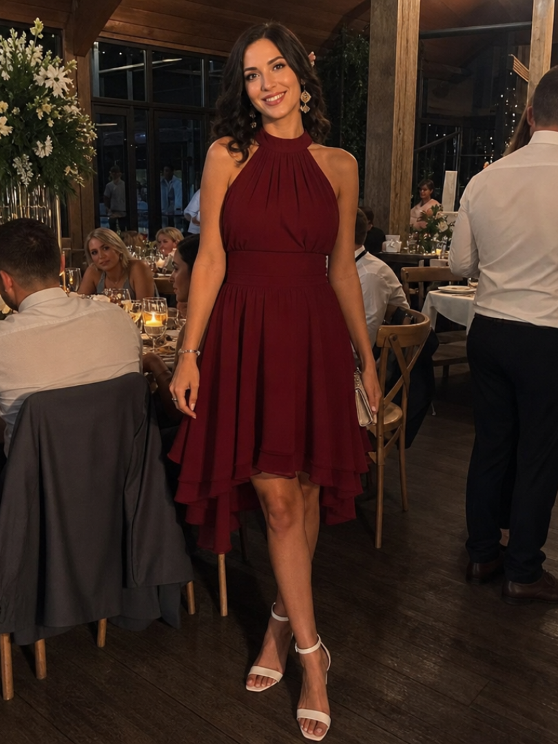 Iyla | Halter Neck Layered Hem Knee Length Dress – Burgundy | The Bellemont Sisters Australia