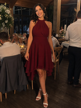 Iyla | Halter Neck Layered Hem Knee Length Dress – Burgundy | The Bellemont Sisters Australia