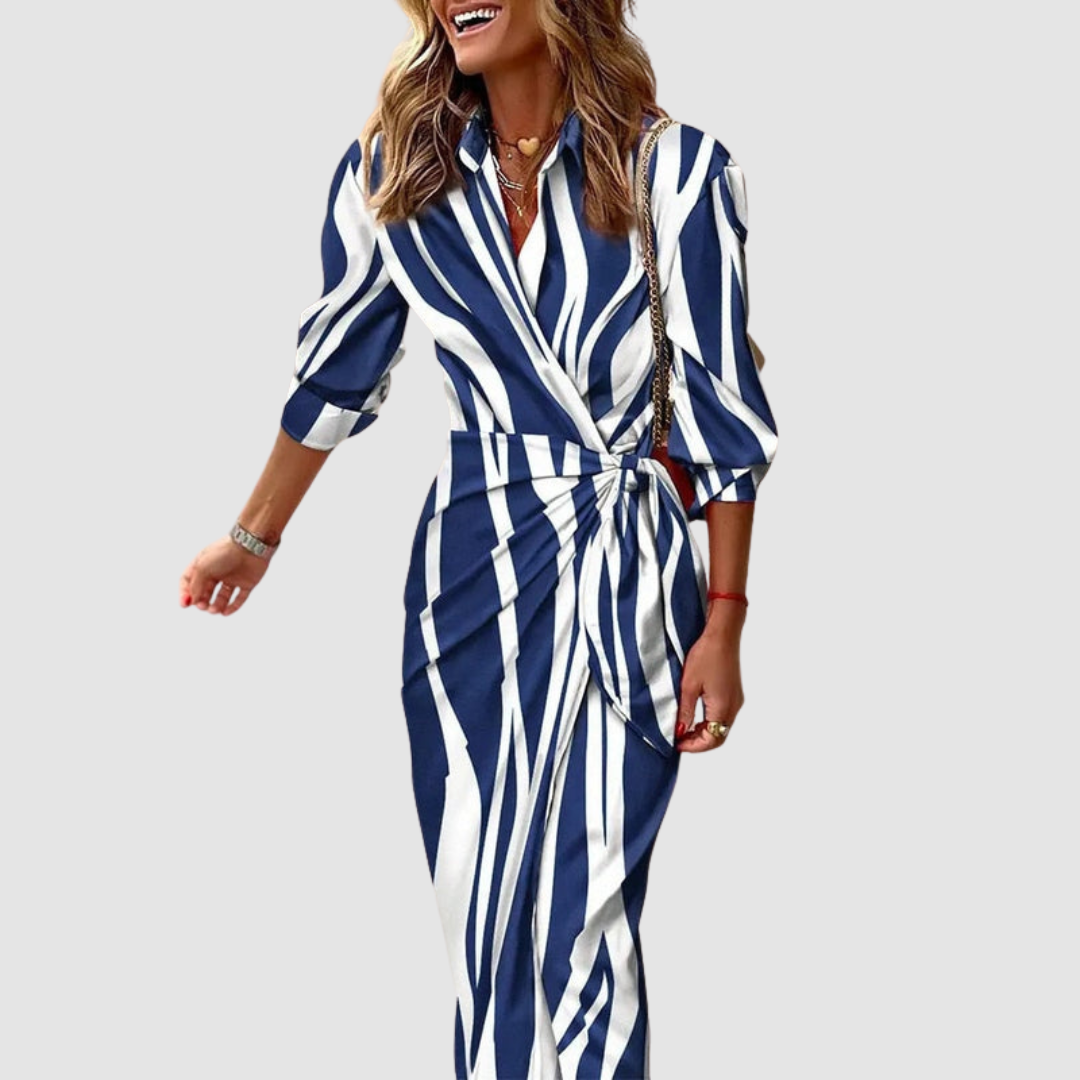 Cecilia™ - Elegant Striped Dress – Dark Blue & White | The Bellemont Sisters Australia