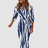 Cecilia™ - Elegant Striped Dress – Dark Blue & White | The Bellemont Sisters Australia