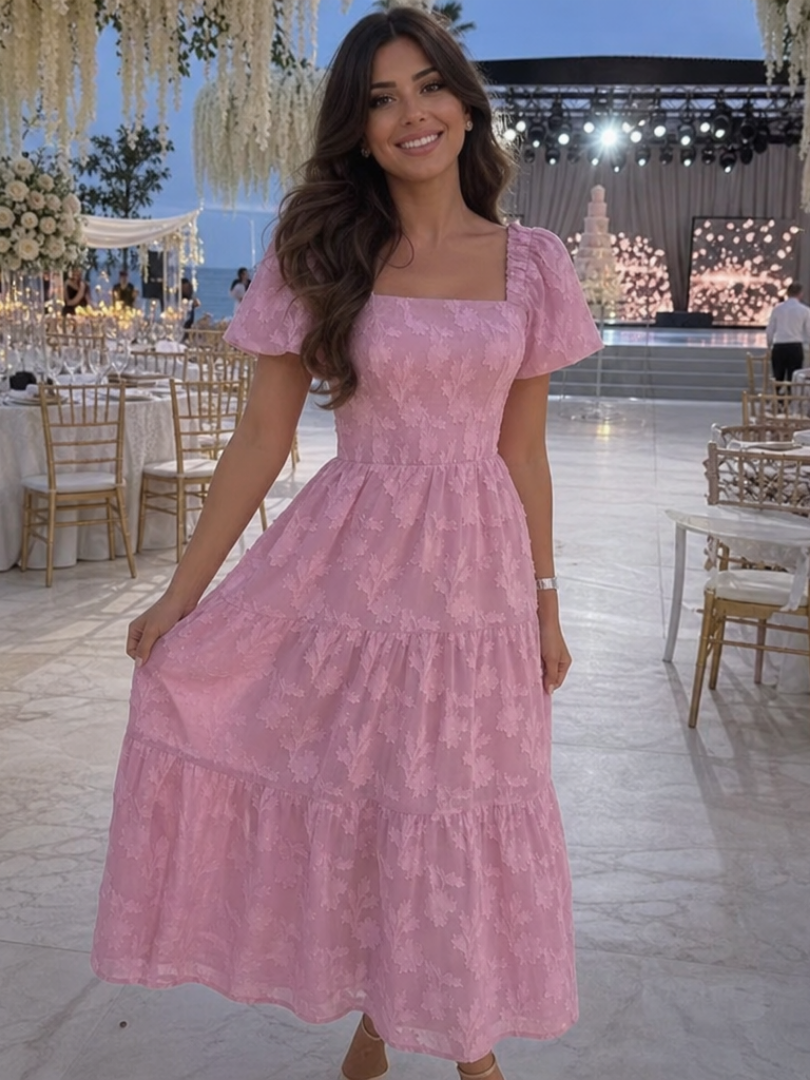 Elaria | Short Sleeve Textured Floral Detail Midi Dress – Pink | The Bellemont Sisters Australia