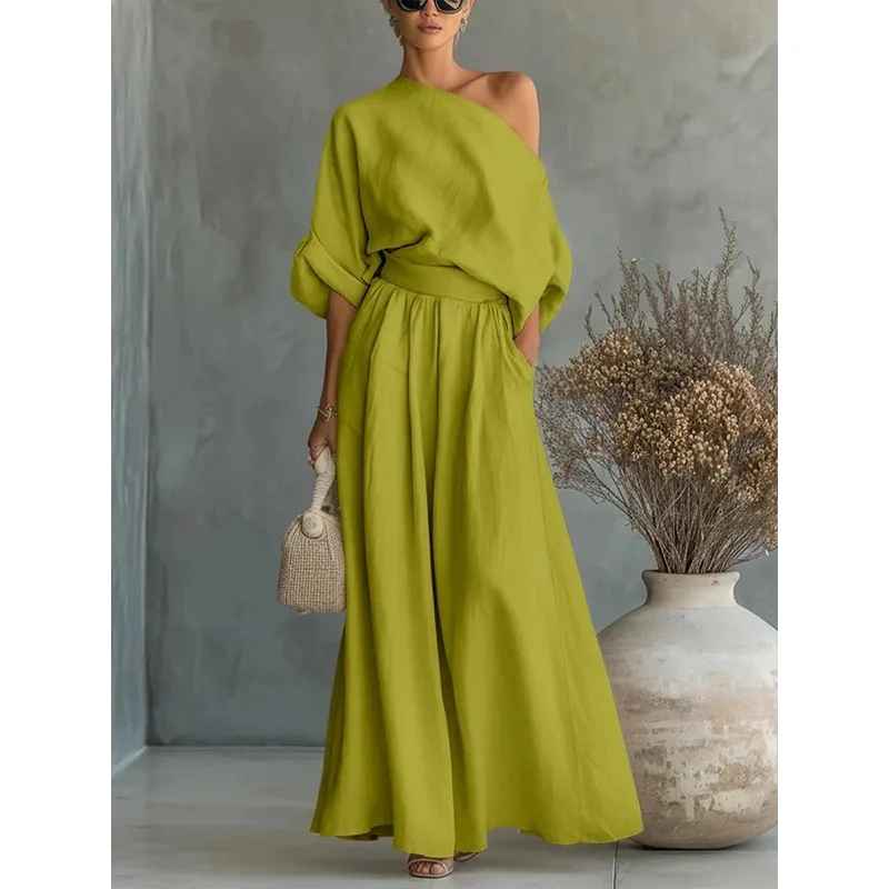 Lisa | Soft Off-Shoulder Top and Tapered Pants Set – Green | The Bellemont Sisters Australia