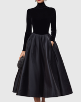 Aradia | Elegant Black Velvet And Satin Midi Dress | The Bellemont Sisters Australia