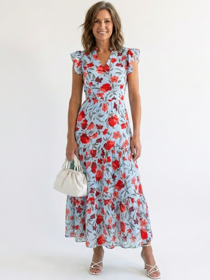 Lila | Floral V-Neck Tiered Midi Dress – Sky blue | The Bellemont Sisters Australia