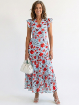 Lila | Floral V-Neck Tiered Midi Dress – Sky blue | The Bellemont Sisters Australia