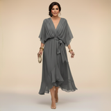 Sarah | Chiffon V-Neck Dress – Gray | The Bellemont Sisters Australia