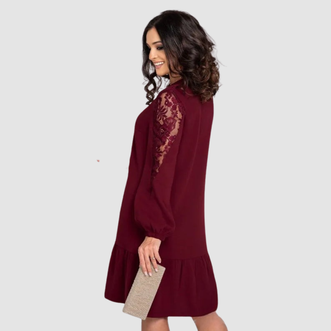 Lowri Quinn | Lace-Sleeve Midi Dress – Burgundy | The Bellemont Sisters Australia