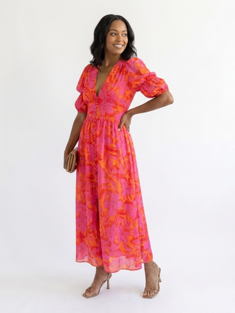 Willow | Floral V Neck Puff Sleeve Midi Dress | The Bellemont Sisters Australia