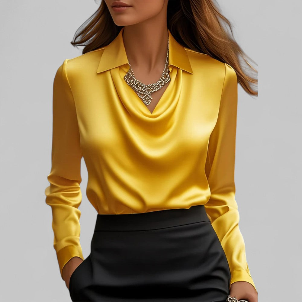 Rose | Women’s Draped Neck Long Sleeve Satin Blouses – Yellow | The Bellemont Sisters Australia
