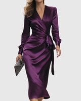 Cerelia | Deep Plum Satin Wrap Midi Dress | The Bellemont Sisters Australia