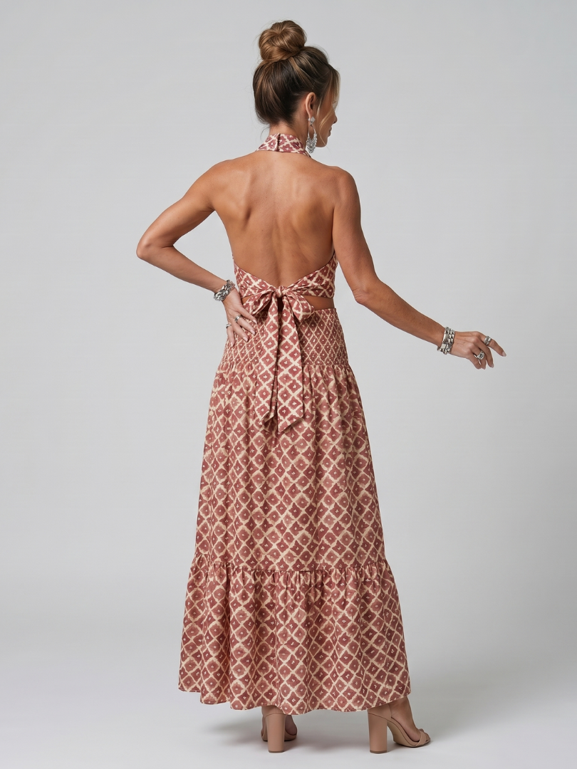 Amira | Cross Halter Geometric Print Cutout Midi Dress | The Bellemont Sisters Australia