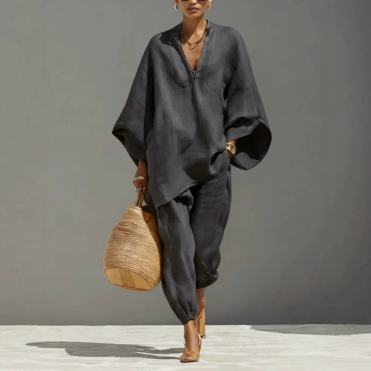 Batwing Sleeve V-Neck Lounge Set – Dark Gray | The Bellemont Sisters Australia