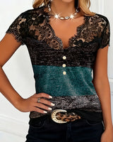 Sharon | V-Neck T-Shirt with Lace and Color Patchwork | The Bellemont Sisters Australia