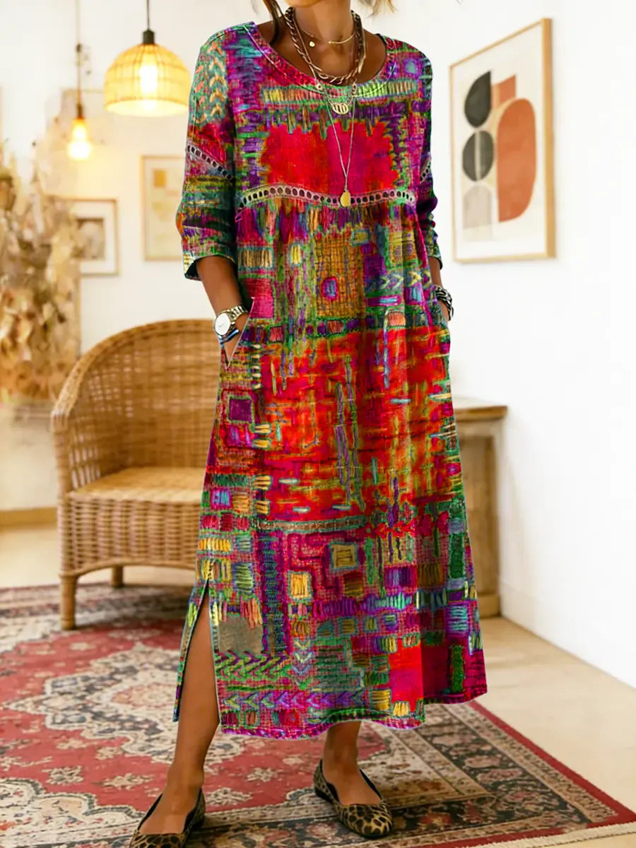 Manuela | Printed Dress with Ethnic Patchwork – Red | The Bellemont Sisters Australia