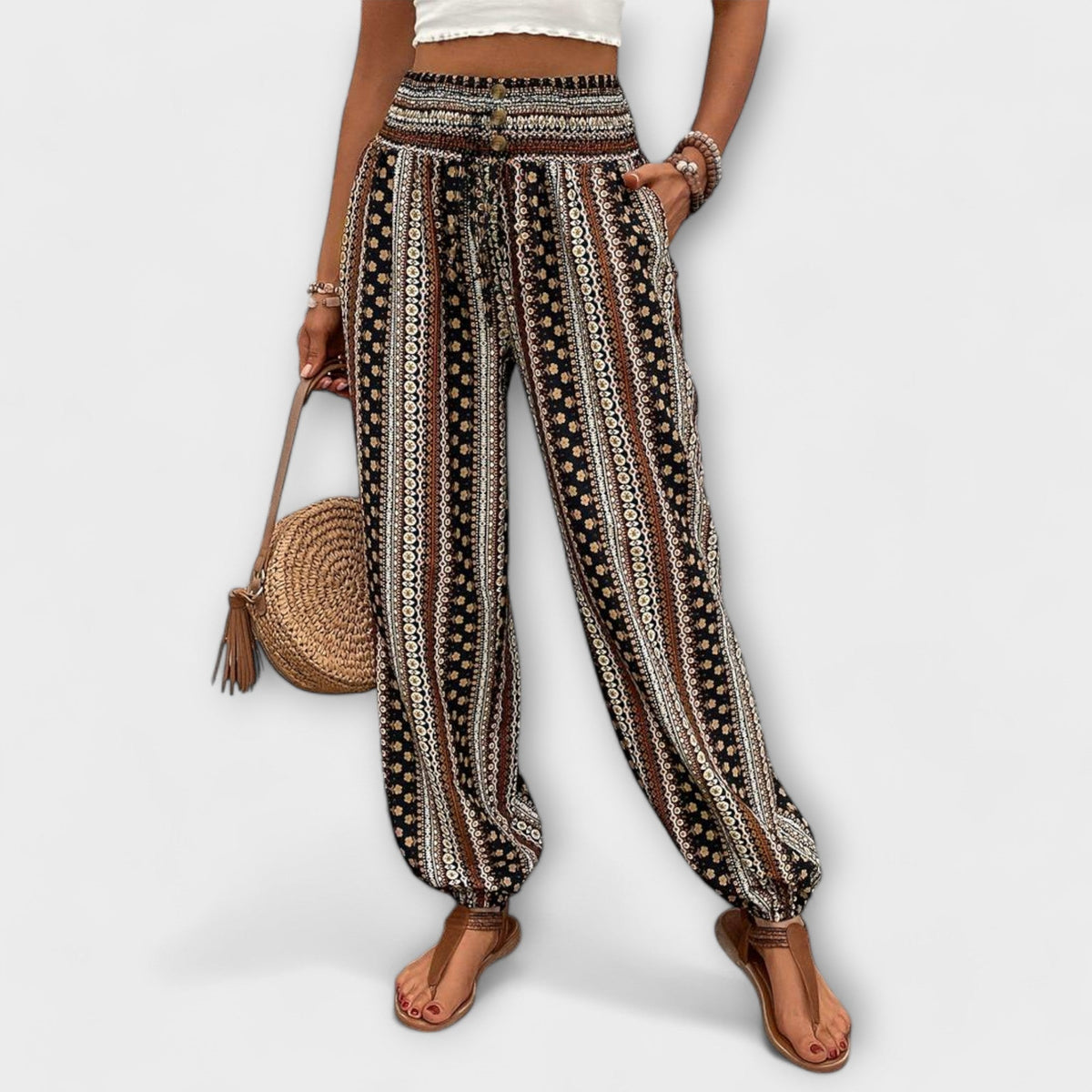 Scarlett - Pants With Ethnic Graphic – Brown | The Bellemont Sisters Australia