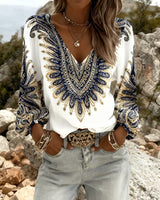 Karen | Top with V-Neck and Retro Print – Blue | The Bellemont Sisters Australia
