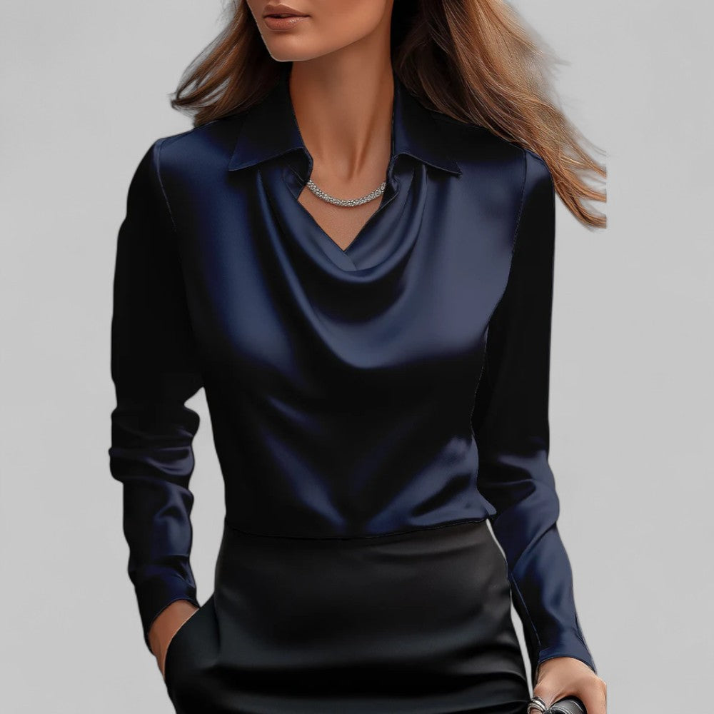 Rose | Women’s Draped Neck Long Sleeve Satin Blouses – Navy Blue | The Bellemont Sisters Australia