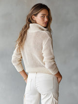 Chic Elegant Beige Half-Zipper Collar Long-Sleeve Loose-Fit Breathable Knit Sweater Top | The Bellemont Sisters Australia