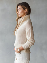 Chic Elegant Beige Half-Zipper Collar Long-Sleeve Loose-Fit Breathable Knit Sweater Top | The Bellemont Sisters Australia