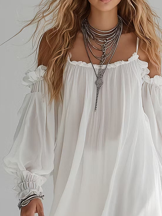 Flowing Bohemian Style Off The Shoulder Mini Dress | The Bellemont Sisters Australia