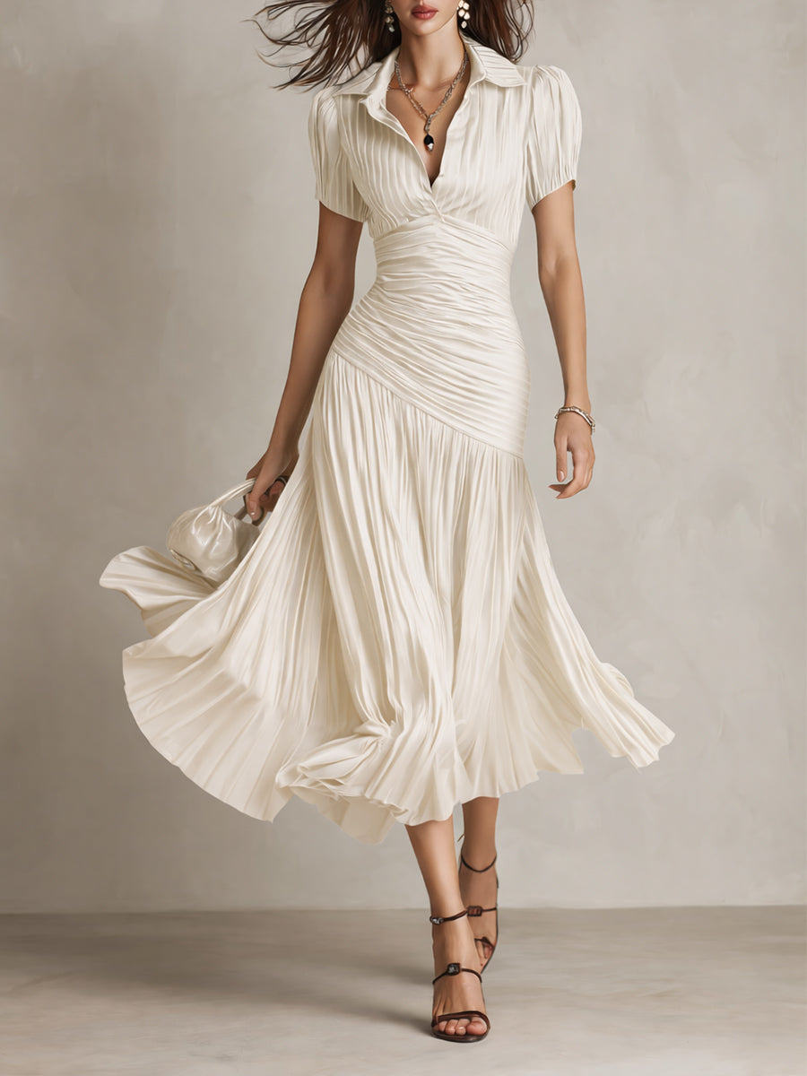 Adriana - Retro Striped Satin Midi Dress – White | The Bellemont Sisters Australia