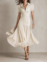 Adriana - Retro Striped Satin Midi Dress – White | The Bellemont Sisters Australia