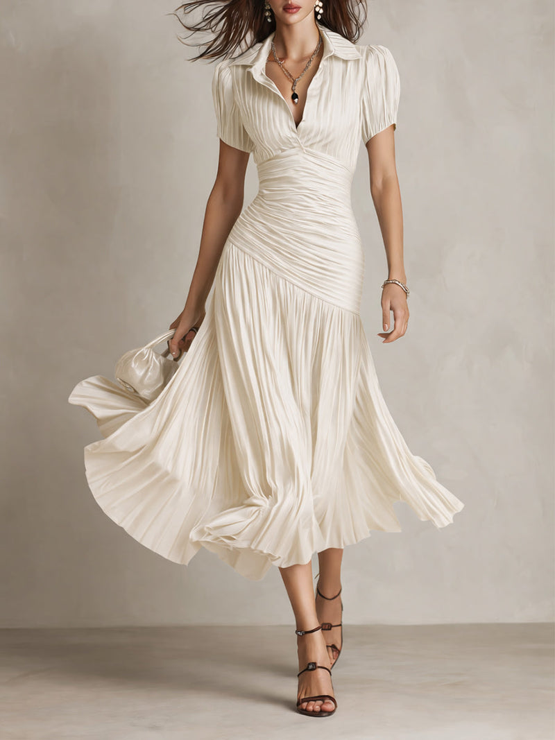 LUCIA | PLEATED STRIPED MIDI DRESS – White | The Bellemont Sisters Australia