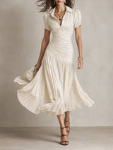LUCIA | PLEATED STRIPED MIDI DRESS – White | The Bellemont Sisters Australia