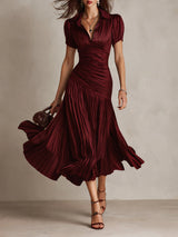 Adriana - Retro Striped Satin Midi Dress – Red | The Bellemont Sisters Australia