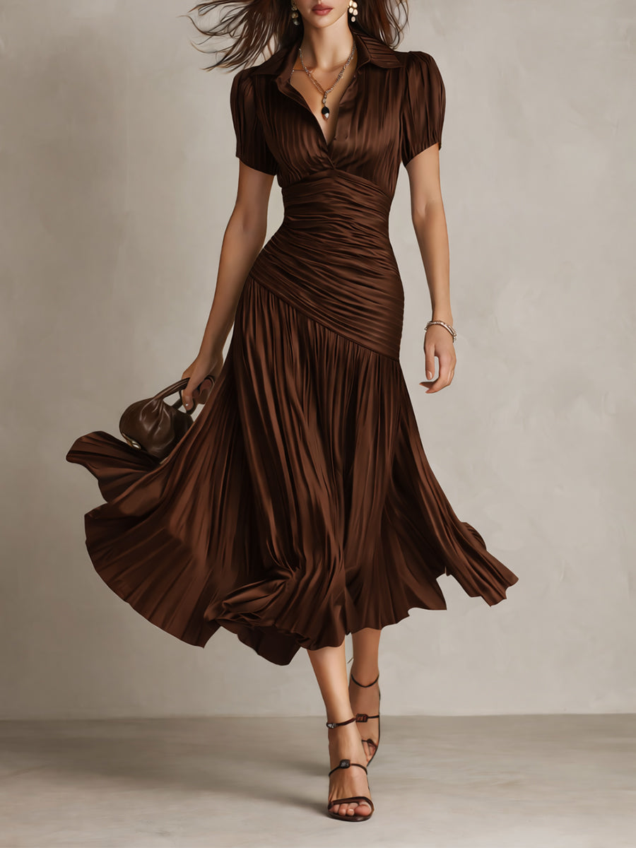Adriana - Retro Striped Satin Midi Dress – Brown | The Bellemont Sisters Australia