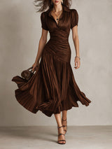 Adriana - Retro Striped Satin Midi Dress – Brown | The Bellemont Sisters Australia