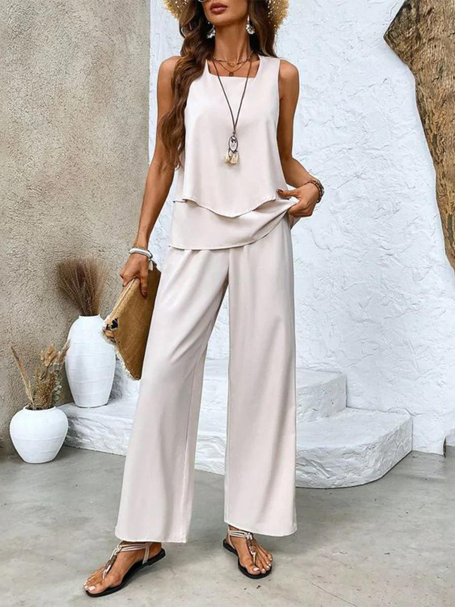 Averie | Elegant Layered Wide Leg Two Piece Summer Set – Cream (Almost sold out) | The Bellemont Sisters Australia