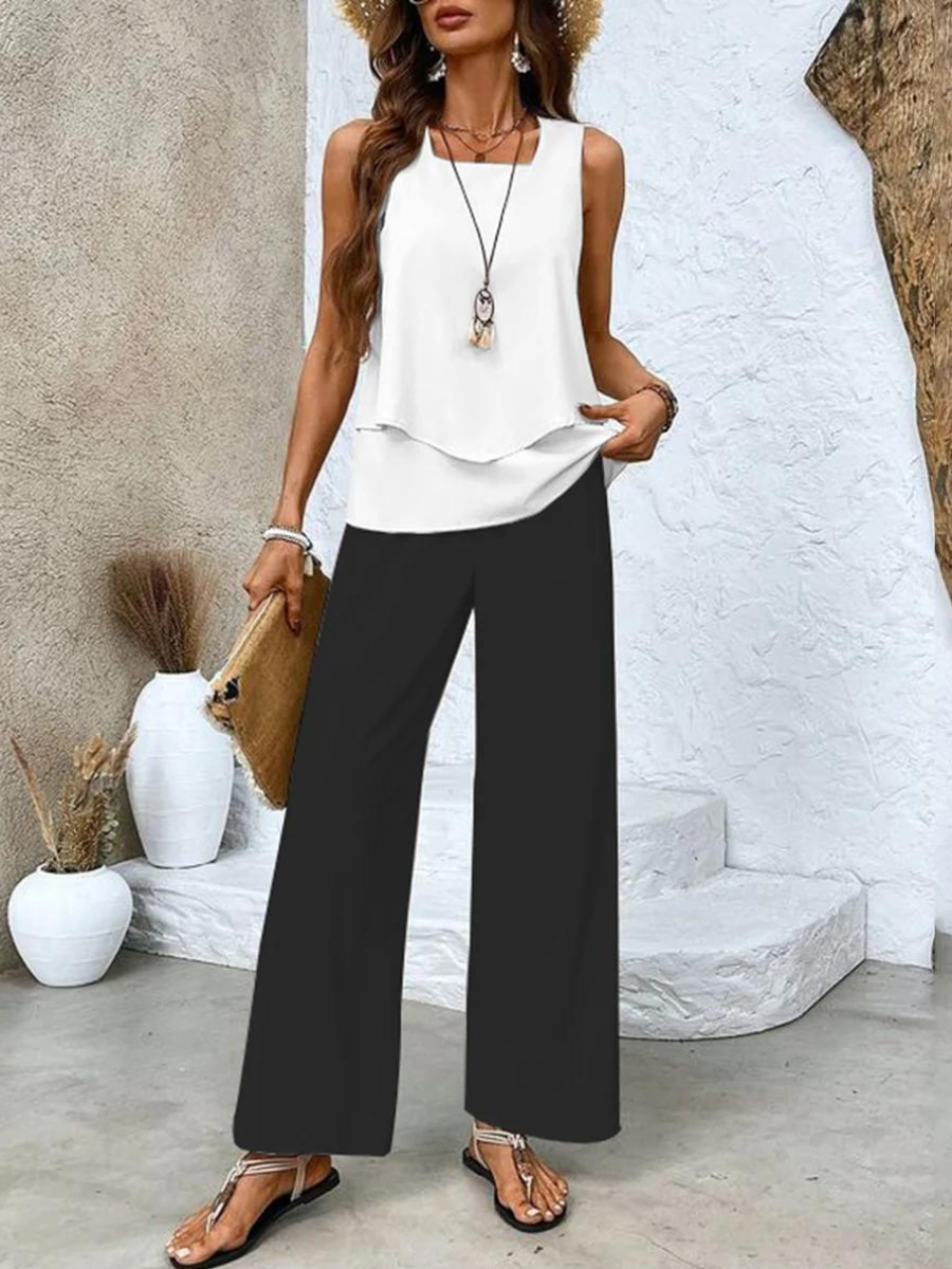 Averie | Elegant Layered Wide Leg Two Piece Summer Set – Black | The Bellemont Sisters Australia