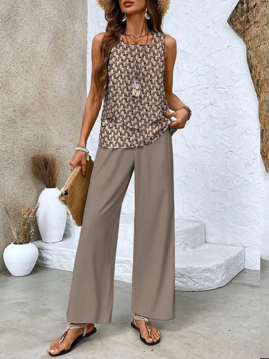 Averie | Elegant Layered Wide Leg Two Piece Summer Set – Brown | The Bellemont Sisters Australia