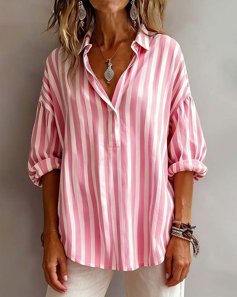 Deborah | Wide Striped Blouse with Collar – Pink | The Bellemont Sisters Australia