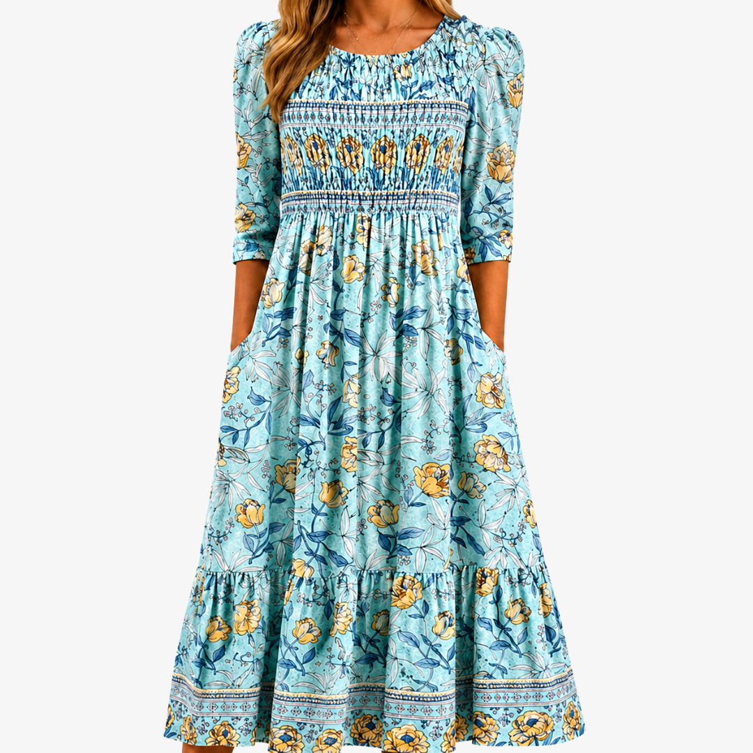 Golden Bloom Smocked Garden Midi Dress | The Bellemont Sisters Australia