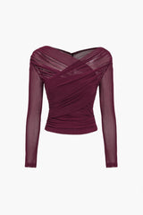 Michelle | Women Ruched Mesh Long Sleeve Top – Burgundy | The Bellemont Sisters Australia