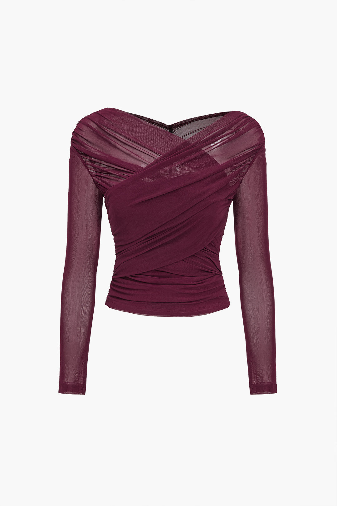 Michelle | Women Ruched Mesh Long Sleeve Top – Burgundy | The Bellemont Sisters Australia