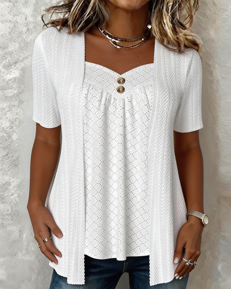 Carol | Faux Layered Square Collar Cutout Patchwork Shirt – White | The Bellemont Sisters Australia