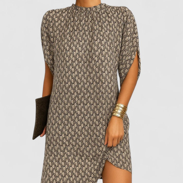Larissa | Elegant Dress – Beige Pattern | The Bellemont Sisters Australia