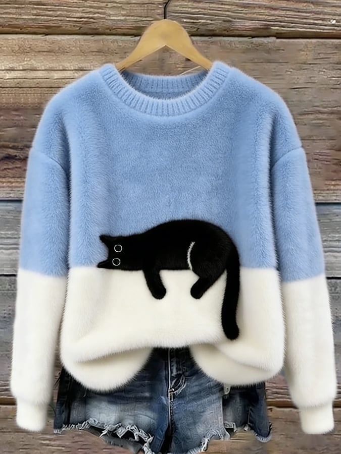 Aileen™ | Elegant Cat Print Oversized Sweater – Light Blue | The Bellemont Sisters Australia