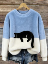 Aileen™ | Elegant Cat Print Oversized Sweater – Light Blue | The Bellemont Sisters Australia
